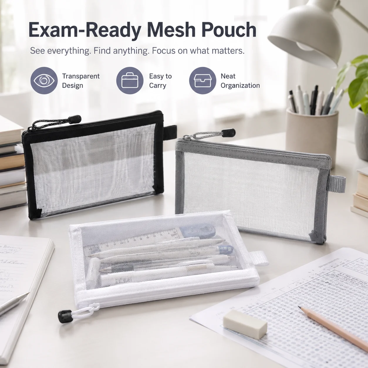Clear Mesh Pencil Pouch For Exam - Przezroczysta siatkowa torba na długopisy, przezroczysty